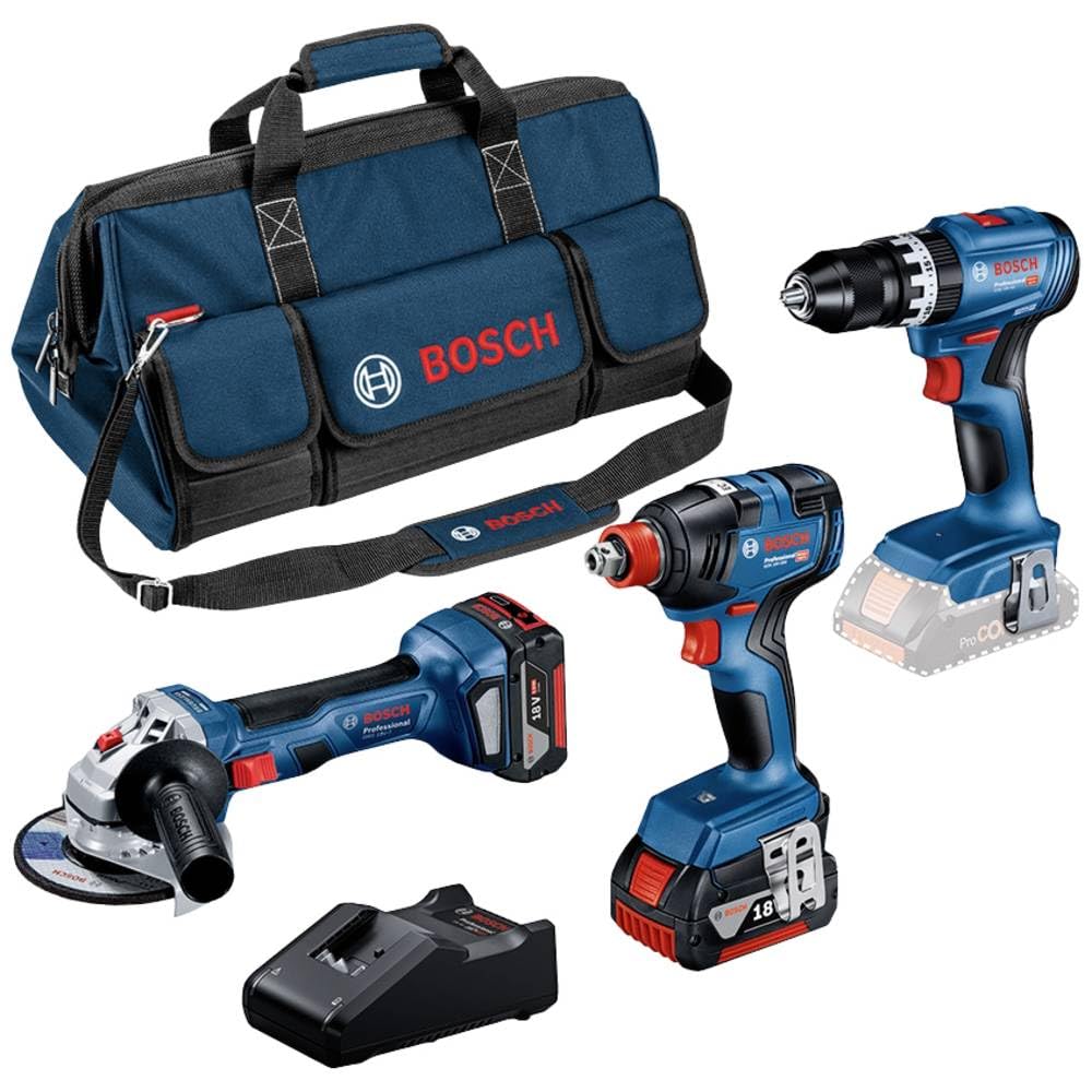 Bosch Professional 18V System GSB 18V-45 + GDX 18V-200 + GWS 18V-7 - Set taladro + llave impacto + amoladora (2 baterías 5.0 Ah, bolsa de lona)