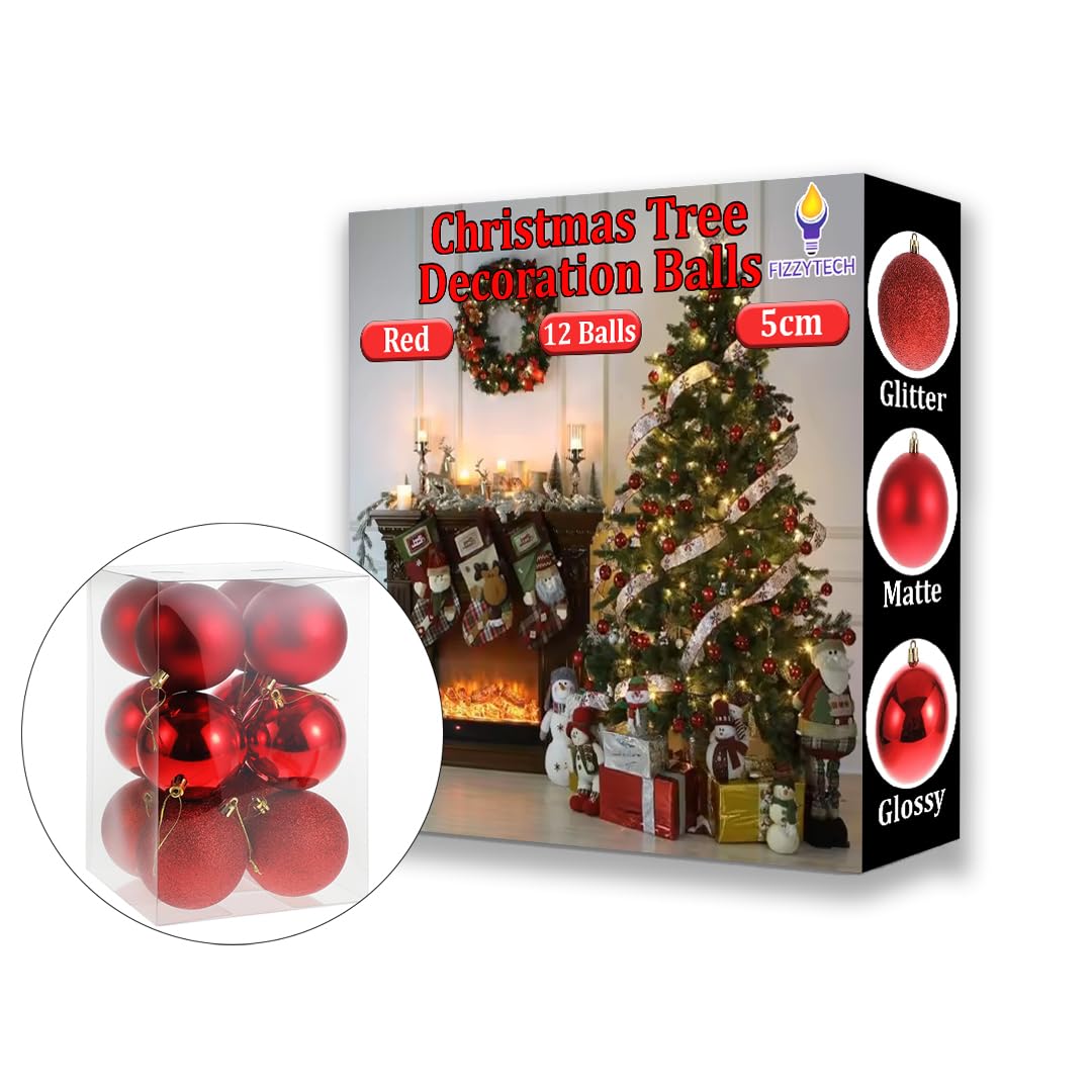 fizzytech Shatterproof Christmas Balls Ornaments Pack of 12 Red Hanging Balls Size 5 cm Perfect Xmas Tree Decoration (5cm Red 12 Pc)