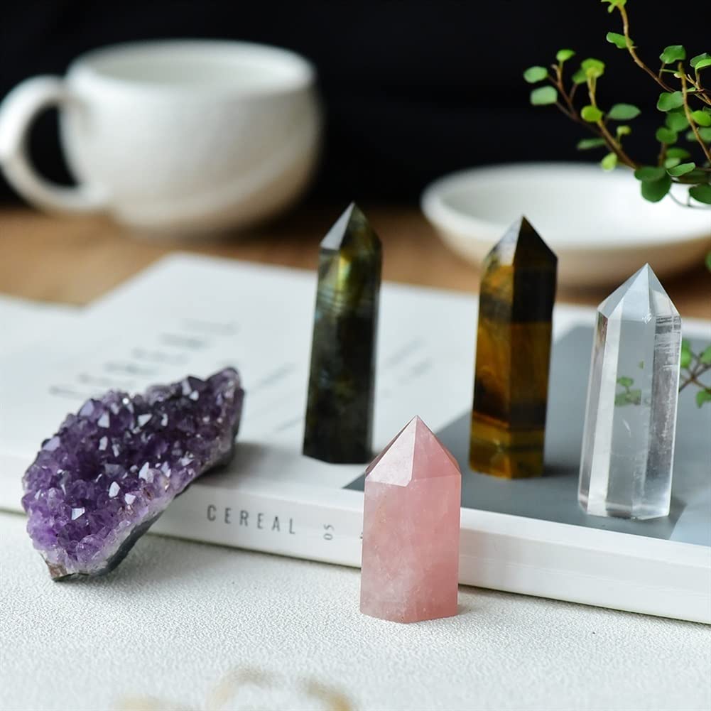 1 Juego de Columna Hexagonal de Cuarzo Rosa Natural, Varita de Amatista, Punto de Cristal, Estudio, decoración del hogar, Piedra de Cristal