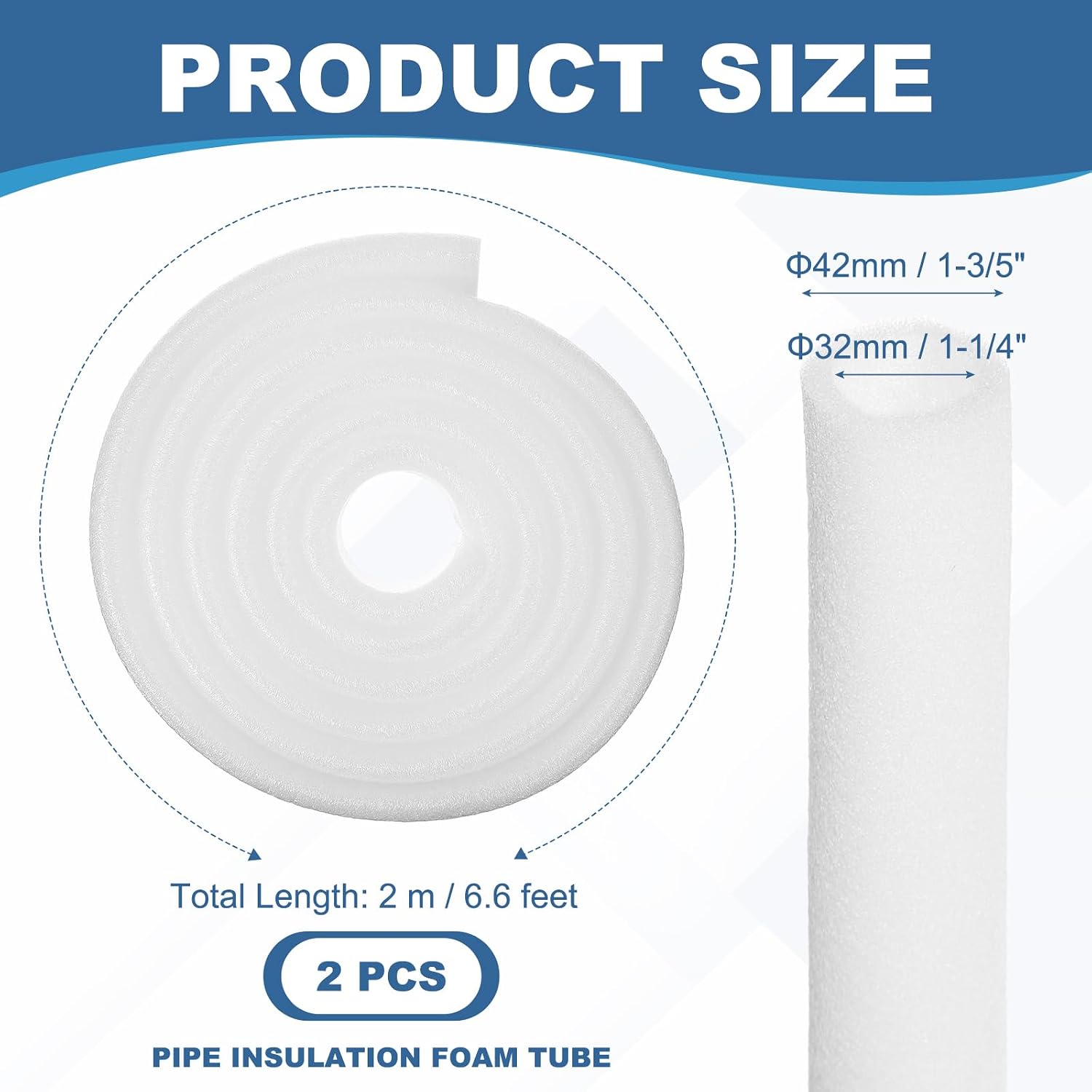 PATIKIL Pipe Insulation Foam Tube, 2 Pack Heat Preservation Foam Pipe Outdoor Wrap Pipe Covers 1-1/4" (32mm) ID x 1-3/5" (42mm) OD x 6.6 ft for Handle Grip HVAC Units, White