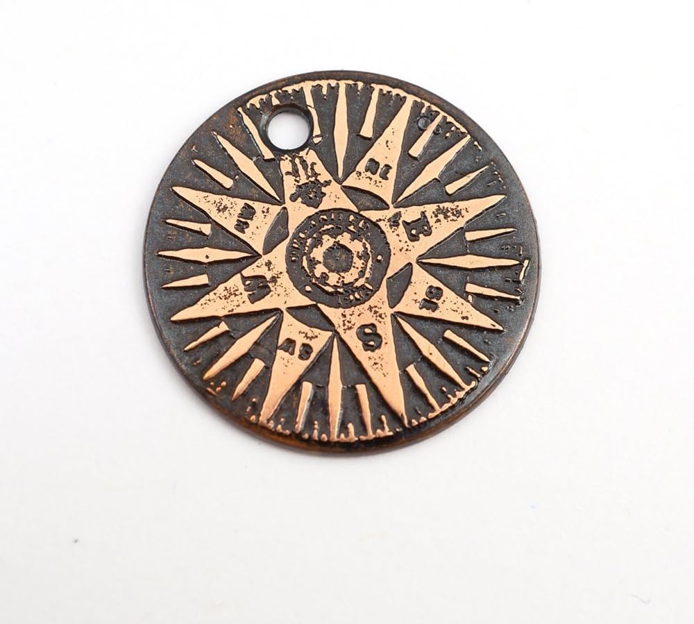 Small copper compass pendant, round flat etching, optional necklace, 22mm