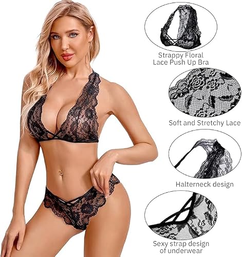 VicSec Ensemble de Lingerie 2 Pièces Sexy, Nuisette Florale Transparente, Soutien-Gorge Col Licou Dos Nageur, Culottes Dentelle et Slip Taille Haute, Tenue de Sommeil, Tailles S-2XL – vue 5