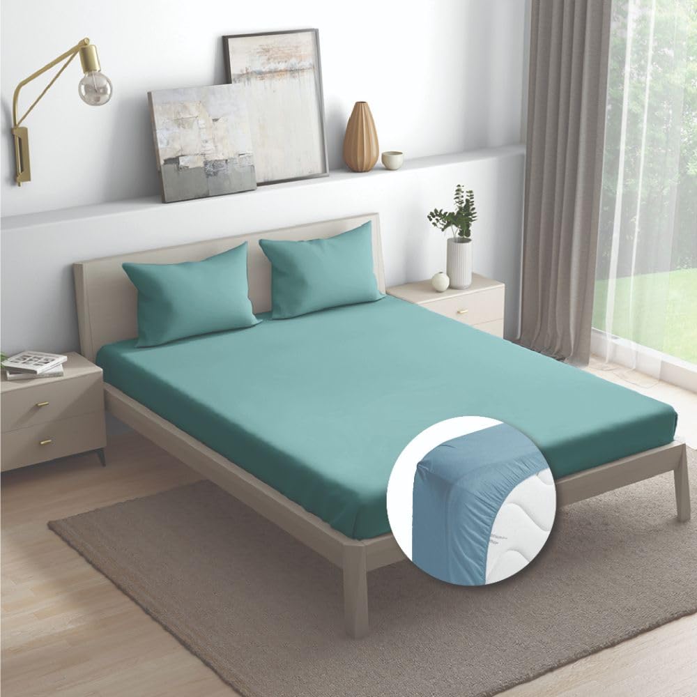 Wakefit Cotton Fitted Bedsheet | 200 TC Elastic Fitted Sheet, Queen Bed Bedsheet with 2 Pillow Covers | Subtle Blue - 78x60 inches