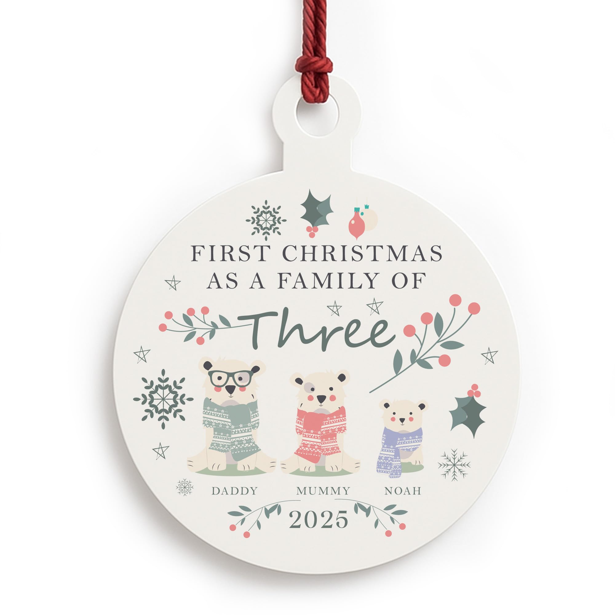 Red Ocean Personalised First Christmas as a Family of Three Bauble Custom Family Ornament New Baby New Parents Keepsake Baby's 1st Christmas Tree Decoration