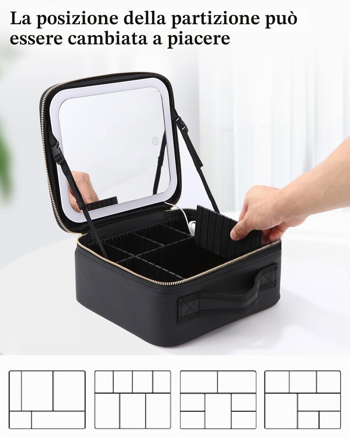 Borsa Cosmetici Con Specchio Led,Valigetta Trucco Portatile con Divisori Regolabili,Porta Trucchi Con Specchio Con 3 Modalità Illuminazione,Cosmetico Impermeabile Strumenti Trucco Accessori per Donna