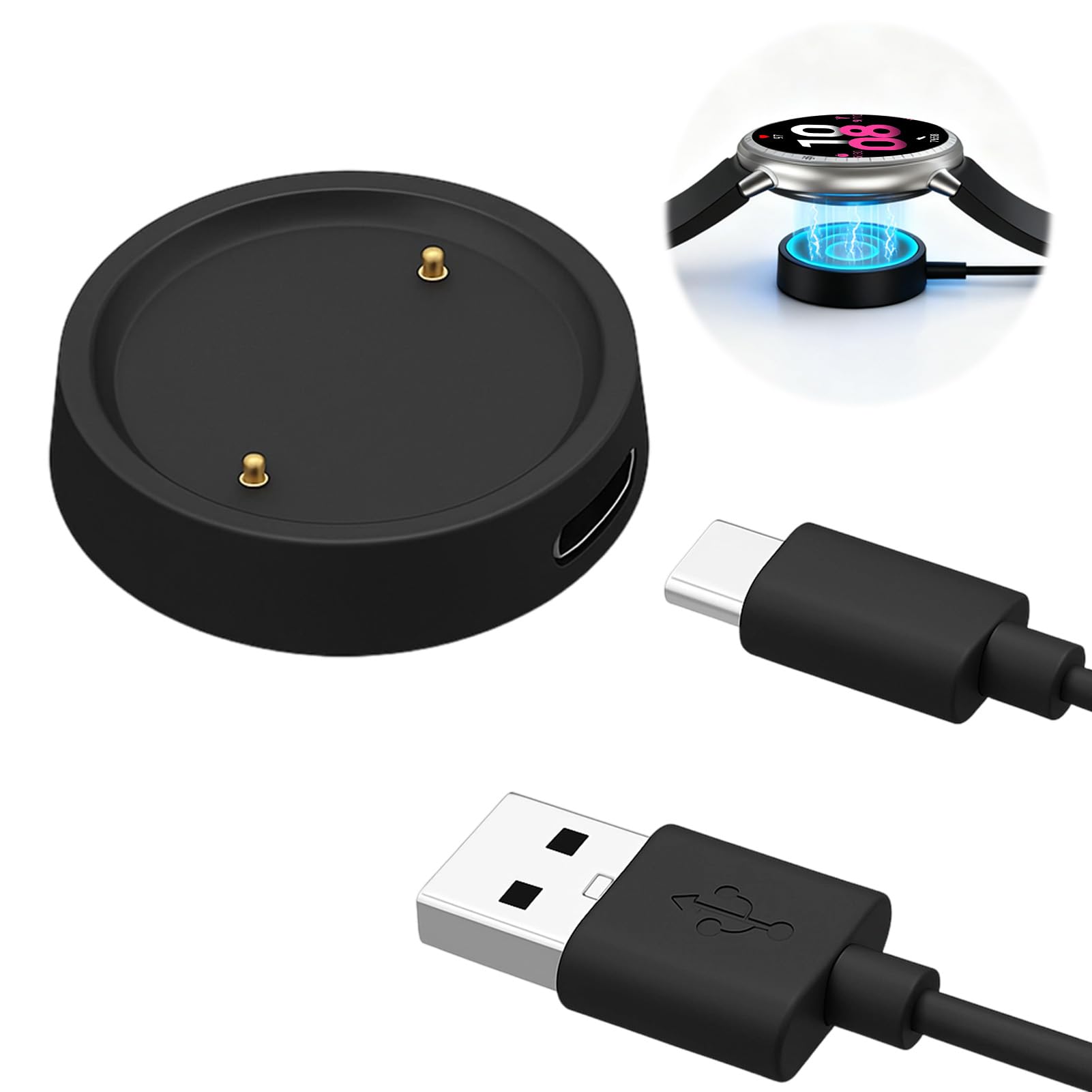 Magnetic Watch Charger Compatible with Amazfit Active 2/Bip 6, Charging Station with Type C Portable Cable Holder 1m Smartwatch Accessories for A2437 A2435 - Black