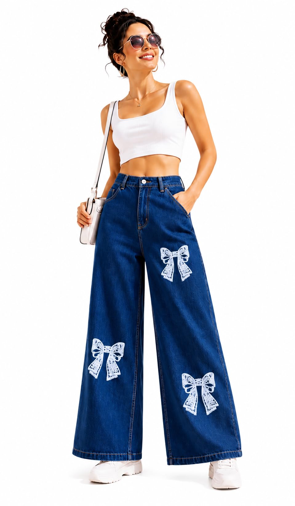 grx Women's High Waist Wide Leg Denim Jeans with Bow Print Relaxed Fit Casual Palazzo Pants Stylish Fashion Bottom Wear Office College Travel and Party-picture-35