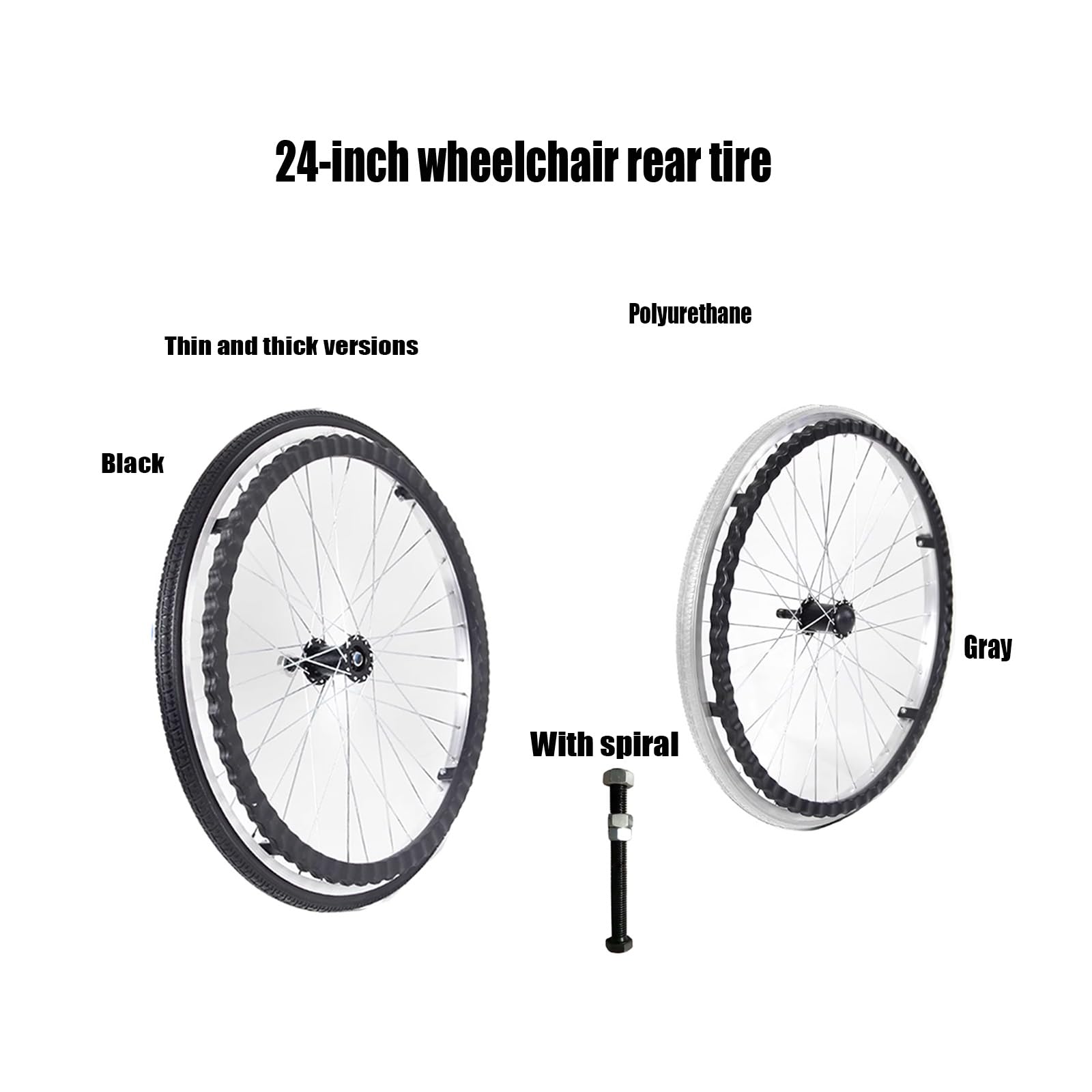 Czarne I Szare Opony, Cienkie I Grube Tylne Koła Do Wózków Inwalidzkich, Z Prętami Spiralnymi, Mocny Chwyt, Wytrzymałe Na Wózki Inwalidzkie Ręczne,(Black,Thick)
