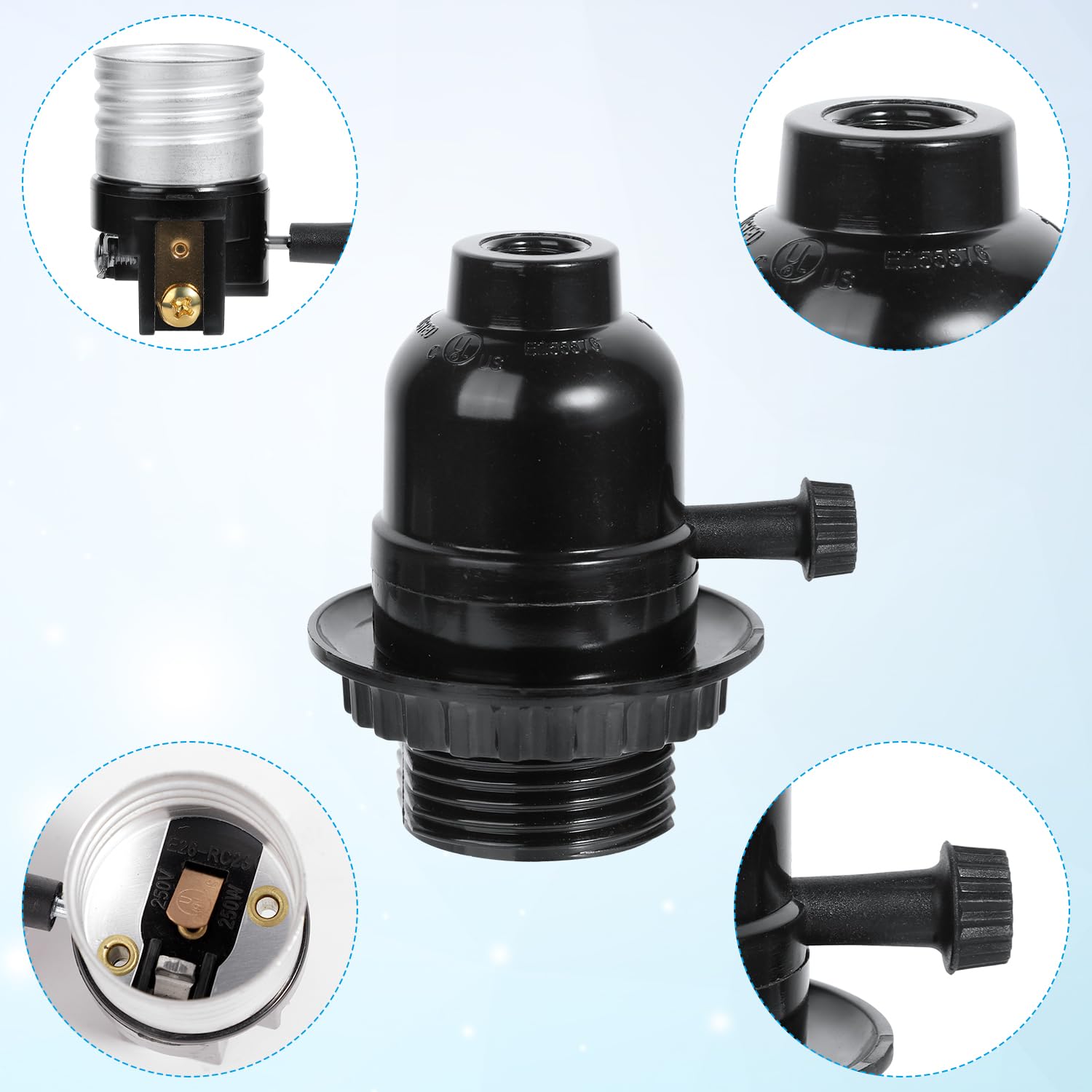 E26 Light Socket, Threaded Lamp Socket with Switch On/Off Medium Base Lamp Socket Replacement Parts with Lamp Shade Ring for Table Lamp, Floor Lamp, DIY Lamp Repair, 2 Set