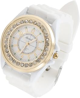 Qtqgoitem Lady White Textured Silicone Band Rhinestone Inlaid Round Dial Wrist Watch (Model: 765 fd3 6fb b25 9b4)