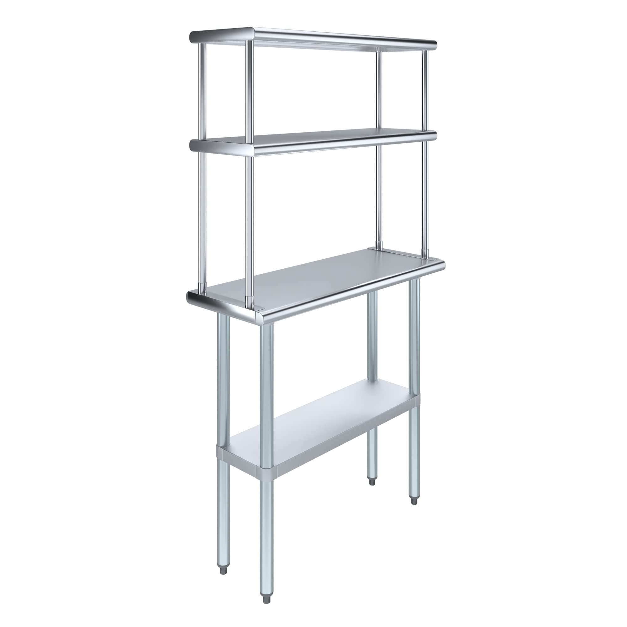 AmGood Stainless Steel Work Table with 12" Wide Double Tier Overshelf | Metal Kitchen Prep Table &amp; Shelving Combo | NSF (Stainless Steel Table with Double Overshelves, 36" Long x 14" Deep)