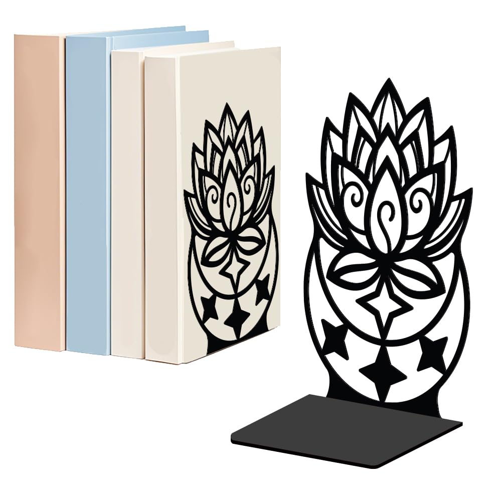 WADORN 1 Pair Lotus Moon Metal Decorative Bookend for Shelves, Heavy Duty Book Ends Modern Non-Skid Books Holder Stand Black Book Support Stoppers for Desk Bookshelf Office Home, 5.3x4.3x7.9 Inch