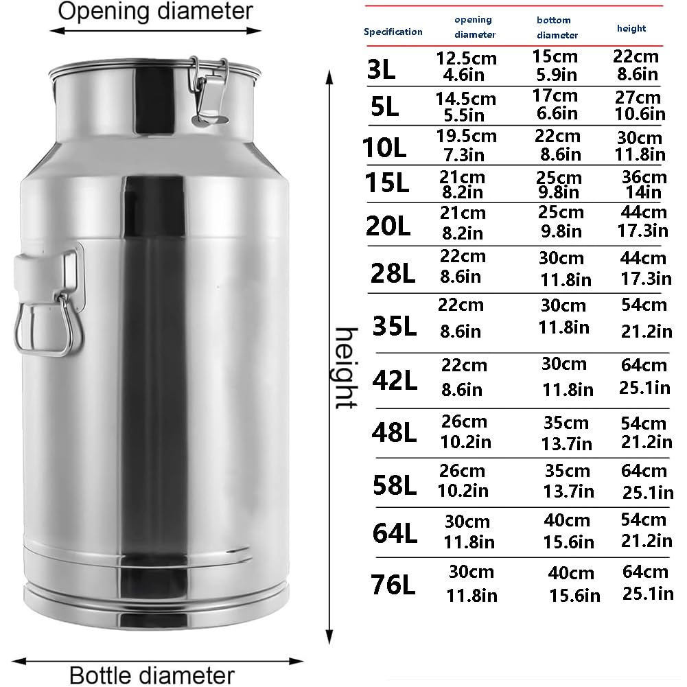 Jarra De Leche De Acero Inoxidable 304, Cubo De Gran Capacidad, Botella De Leche con Tapa Sellada Y Asa De Transporte, Color Plata, 5 L/1,3 Galones.(Plata - 5 L/1,3 Galones)