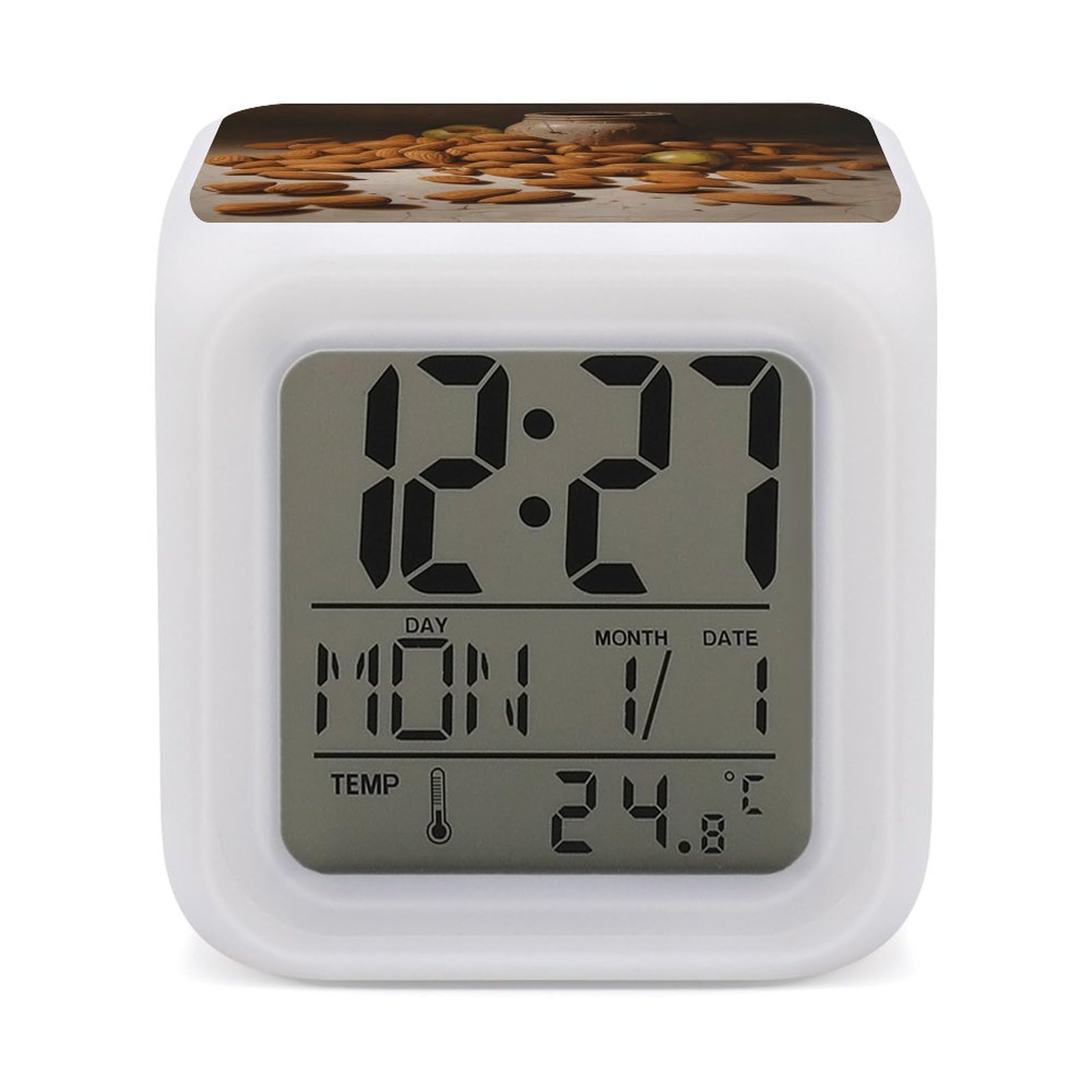 VstaDank Almonds and Jars Alarm Clock with 7 Color Changing Night Light Date Temp Display Wake Clocks LED Display Digital Clock Electric Desk Clocks for Living Office Bedroom Decor
