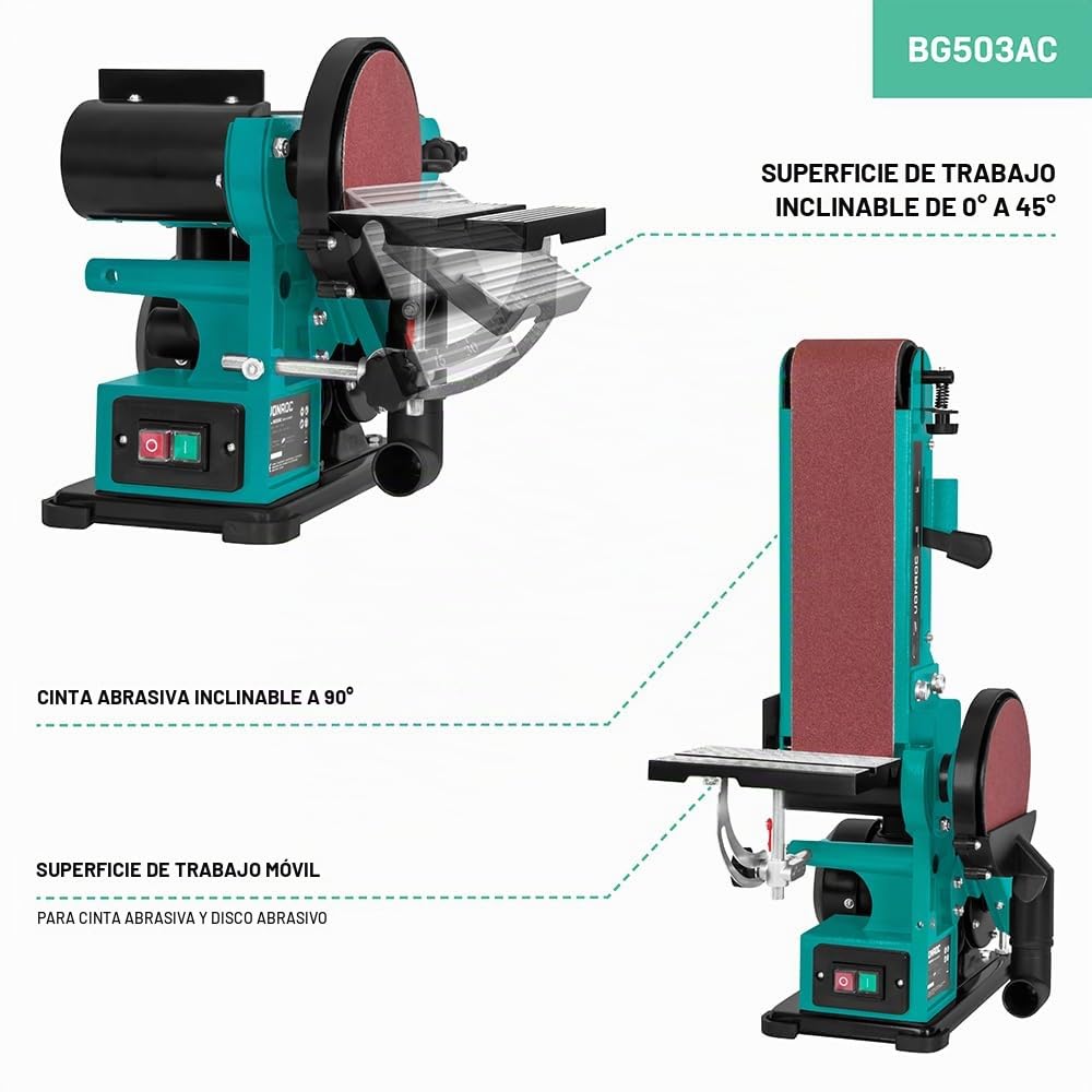 VONROC Lijadora de banda y disco de 350 W – Contiene 2 bandas de lijado de 100 x 915 mm (P80 y P120) y 2 discos de lijado de 150 mm de diámetro (P80 y P120)