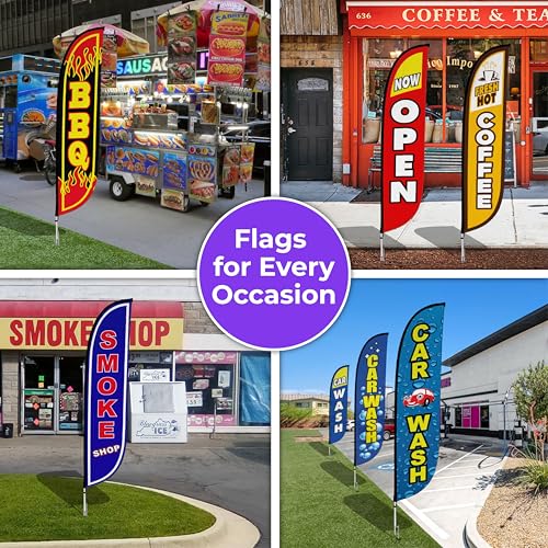 Image of LookOurWay Feather Flag Pole Kit - 12 Feet Tall Advertising Flag Banner with Fiberglass Pole Kit and Ground Spike for Business Promotion - Grand Opening Flags - Grand Opening Red & Yellow (10M1200028)