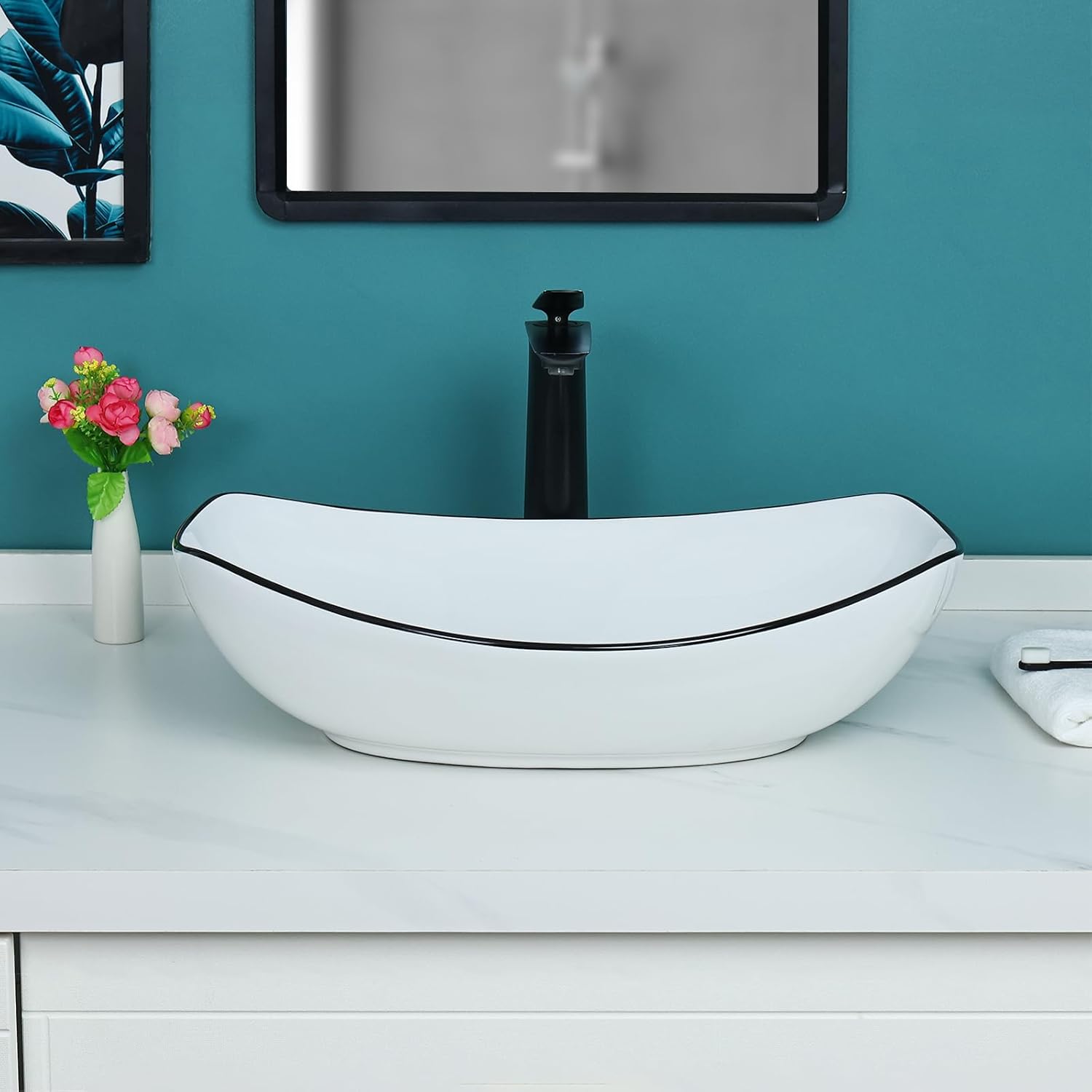 Davivy 22'' x 15.7'' Large Oval Vessel Sink with Pop Up Drain,Bathroom Vessel Sink,White Vessel Sink with Black Trim,Bathroom Sinks Above Counter,Oval Ceramic Vessel Sink for Bathroom (Large) White and Black Trim
