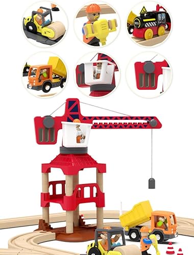 Miniatura 3 de Crossing & Crane Train Set de 58 piezas de construcción de pista de tren de madera para regalo, kits de ferrocarril de juguete para niños pequeños y
