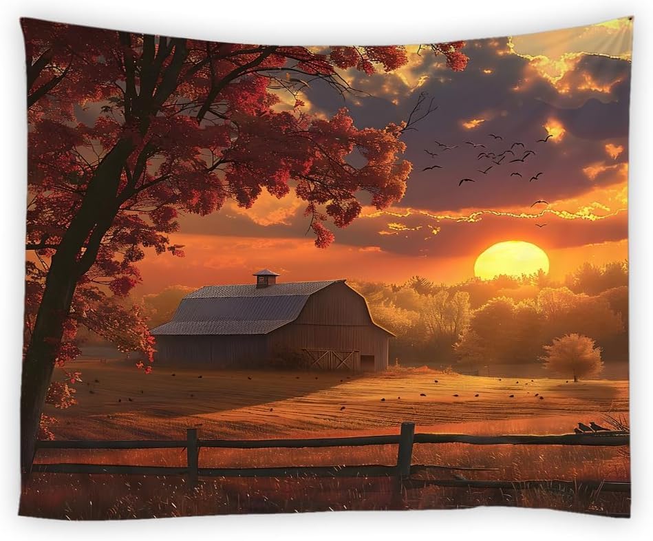 Tapisserie murale champ 180x300 cm grand format paysage coucher de soleil tissu imprimé 3D