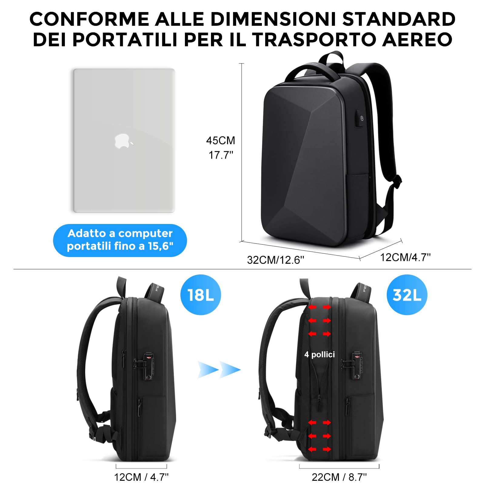 FENRUIEN Zaino espandibile 18L-26L, zaino per computer portatile, impermeabile, con porta di ricarica USB, anti furto, per uomo e donna, con scomparto per computer portatile, zaino per la scuola..