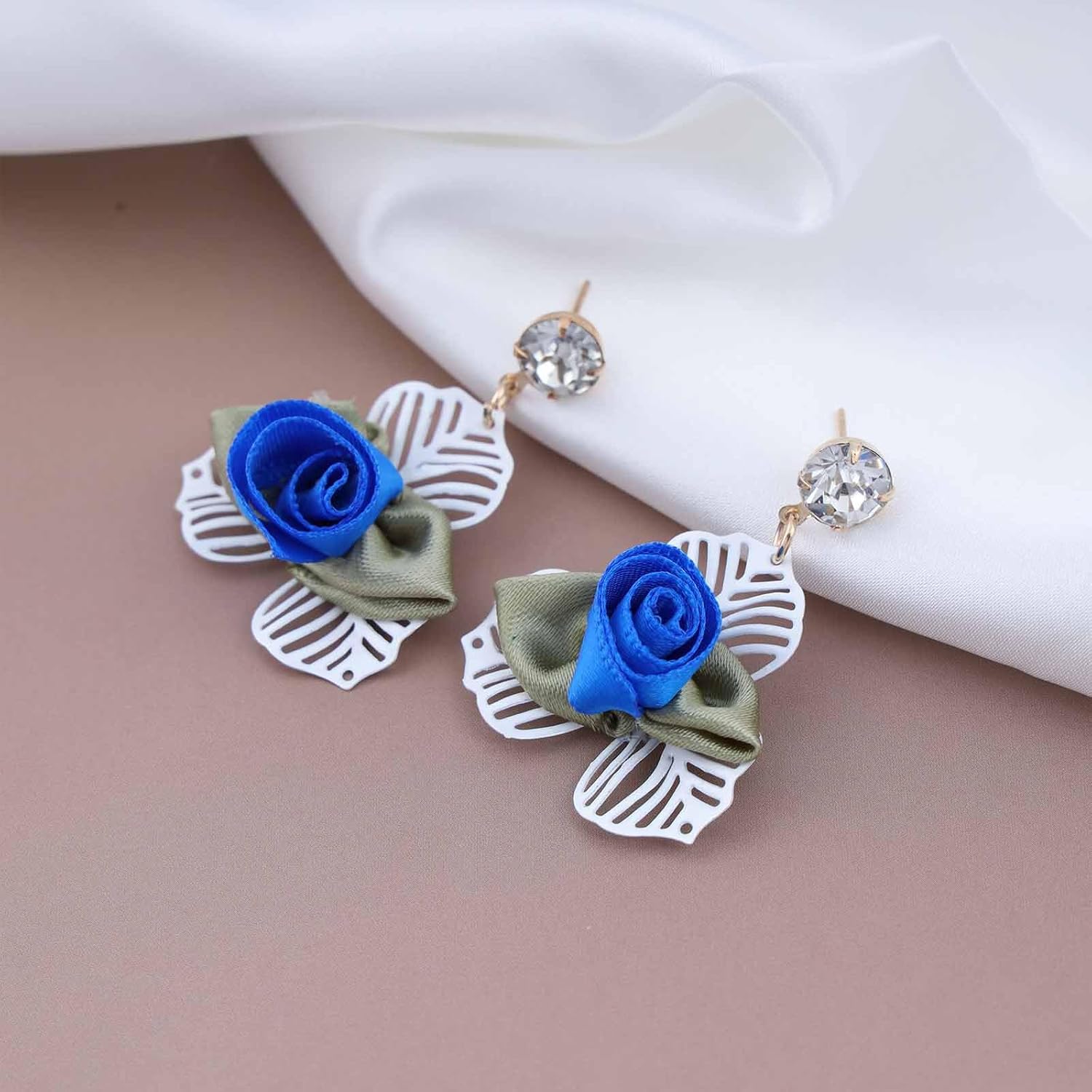 Vintage Fabric Flower Dangle Earrings Blue Flower Earrings Hollow Leaf Drop Earrings Cz Rhinestone Stud Earrings Jewelry for Women - Image 5