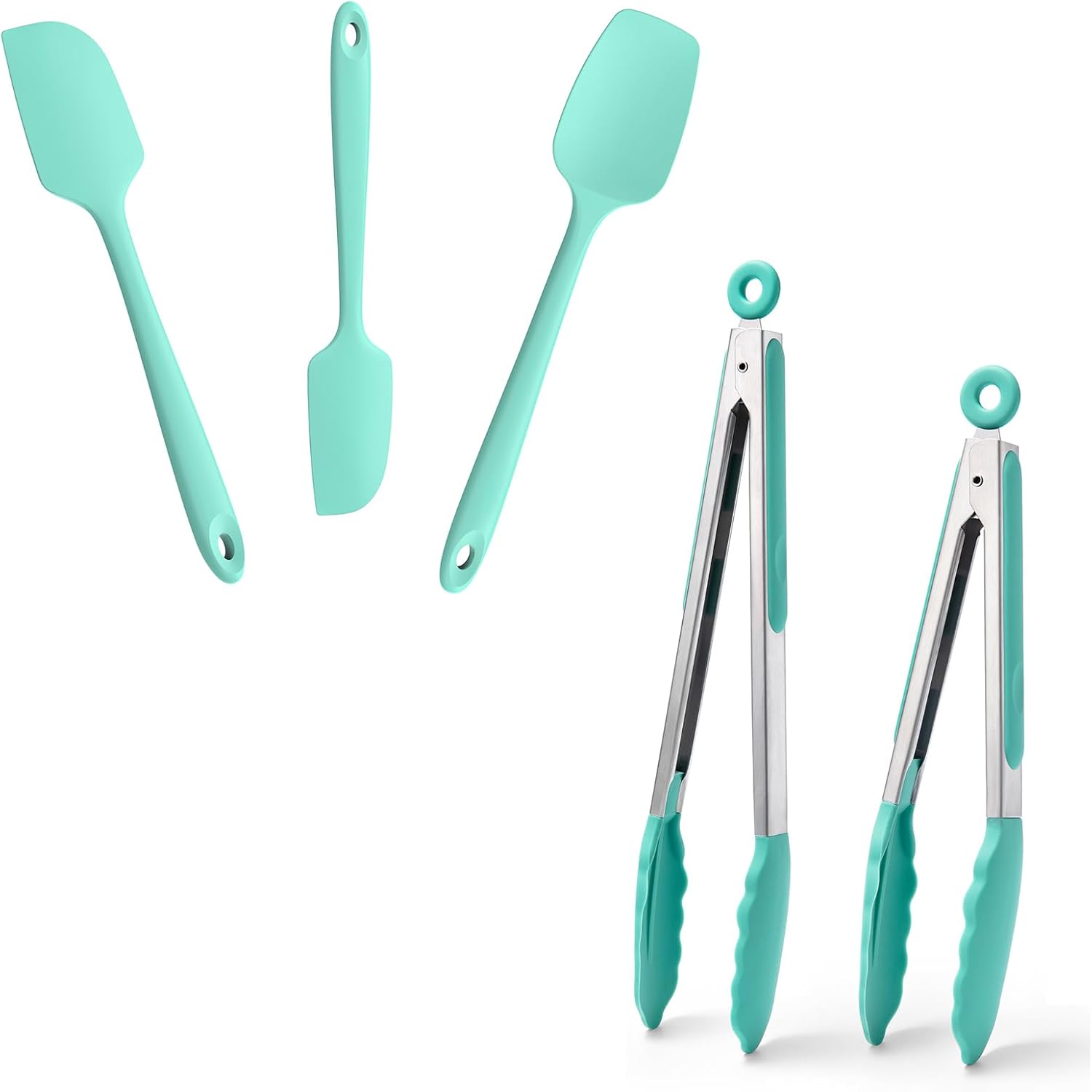 Doosu 9+12in Kitchen Tongs for Cooking - 600°F Heat Resistant Tongs with Non-Scratch Silicone Tips & 3-Piece Silicone Spatula Set Kitchen Food Grade BPA Free Baking Supplies Cooking Tools (Aqua Sky)