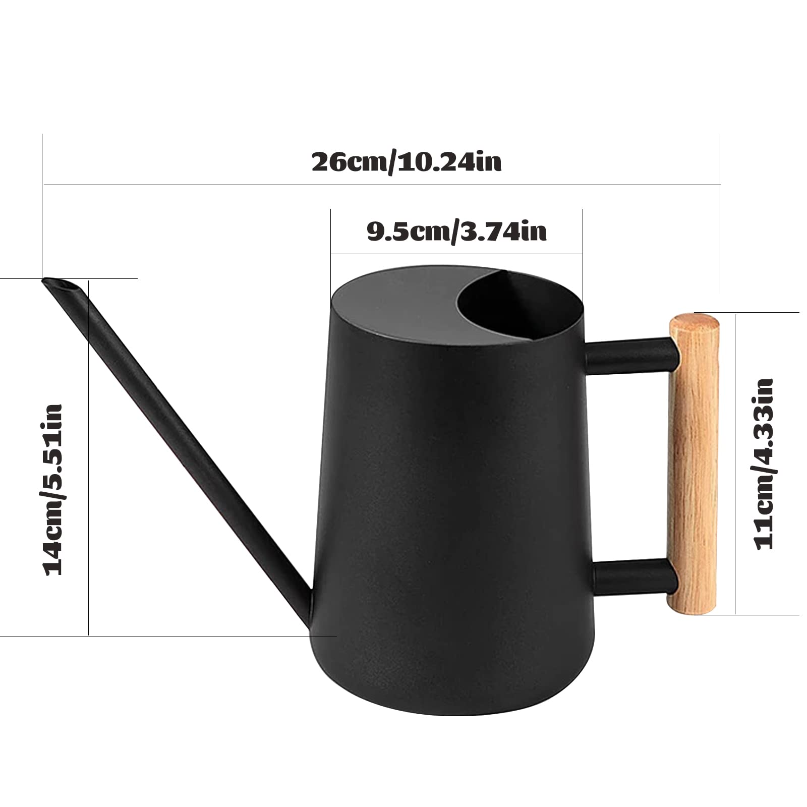 Baffect Innaffiatoio Piccolo Da 1 Litro In Metallo Con Manico In Legno, Beccuccio Lungo, Nero Opaco, Per Piante Grasse E Bonsai