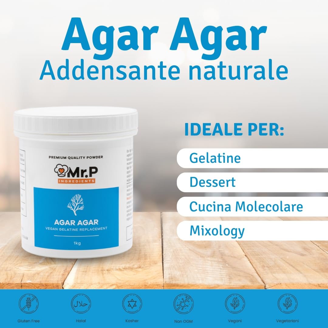 Mr.P Ingredients Agar Agar in Polvere 1kg Barattolo, Addensante Alimentare Naturale e Vegetale per Gelatine, Dessert e Cucina Molecolare e Mixology, Gluten Free, No OGM, Halal, Kosher