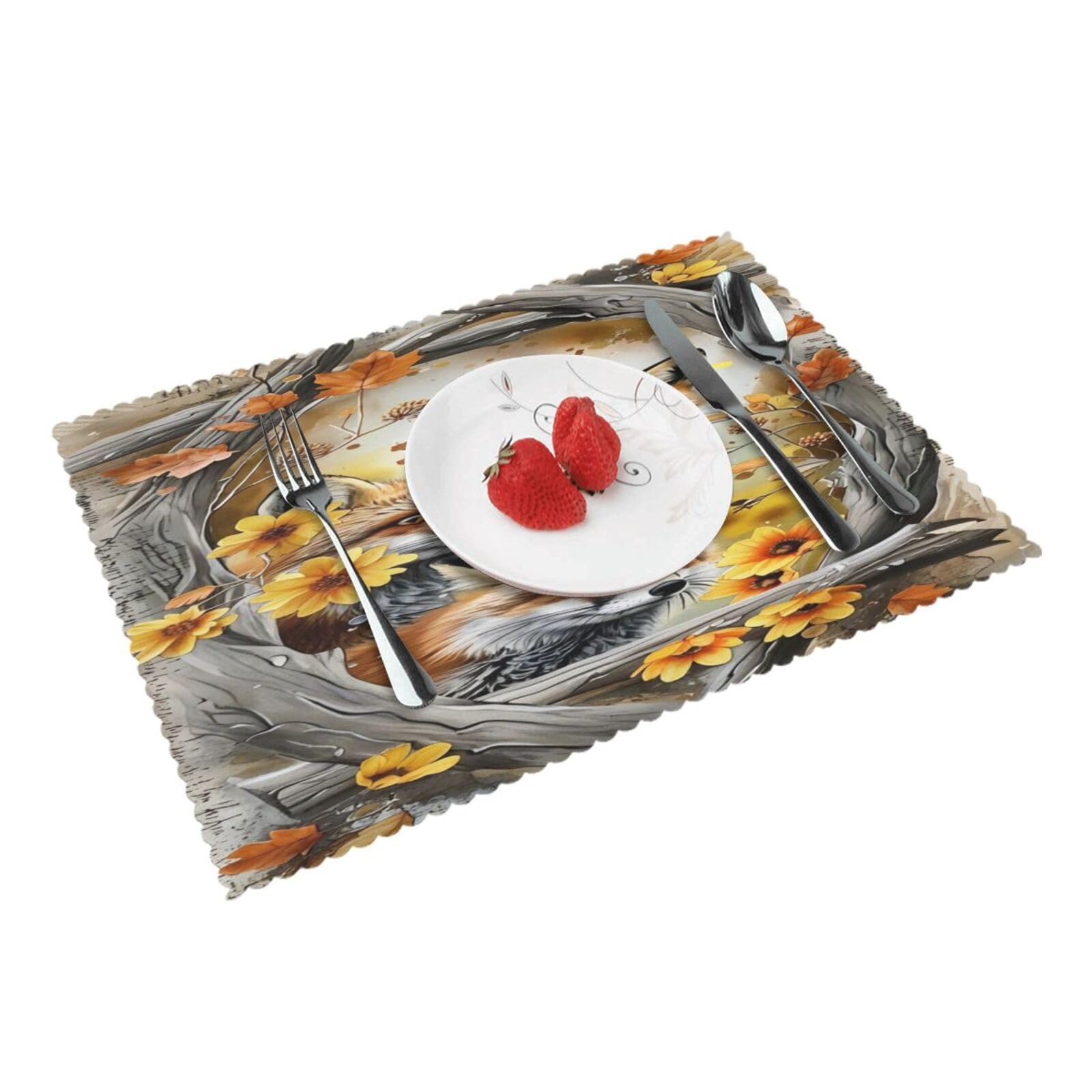 Foxes Autumn Flowers Frame Placemats Set of 4 Print Table Mats Place Mats Table Decor for Kitchen Dining 12X18 in