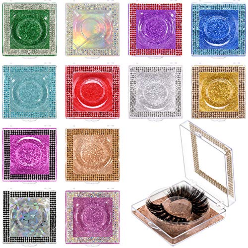 BQTQ 12 Pieces Eyelashes Case Empty False Eyelash Packaging Boxes Rhinestone Square Eyelash Storage Case with Glitter Paper and Clear Tray for Women Girls Eyelash Care