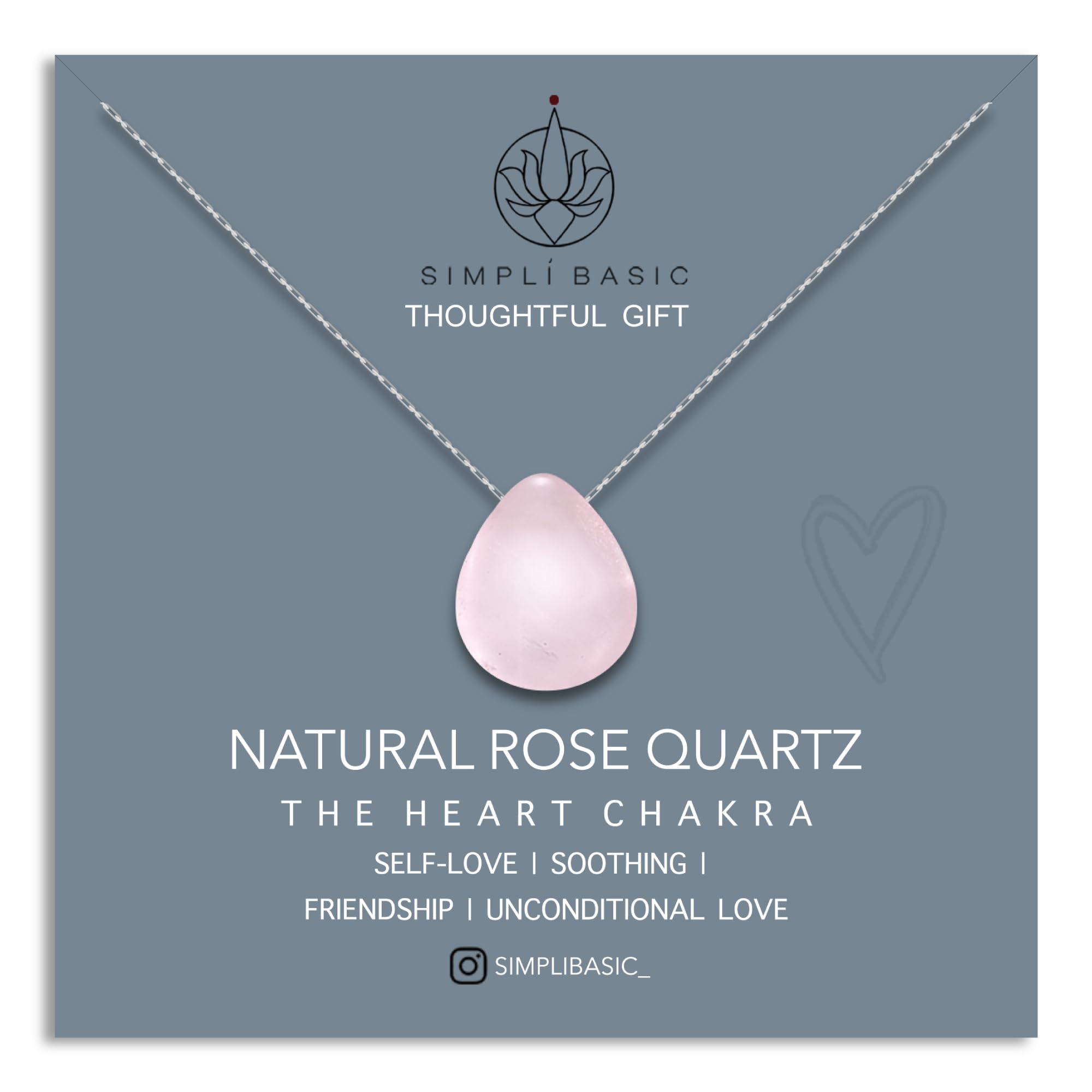 SIMPLÍ BASIC Silver Teardrop Rose Quartz Pendant Necklace/Silver Jewellery for Women/Natural Healing Stone Charm/Presented in Gift Box