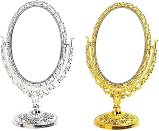 BESPORTBLE Silver Metal Tabletop Antique Makeup Mirror with Stand Vintage Swivel Double Sided Cosmetic Mirror with Frame Oval Dressing Mirror for Bathroom Bedroom
