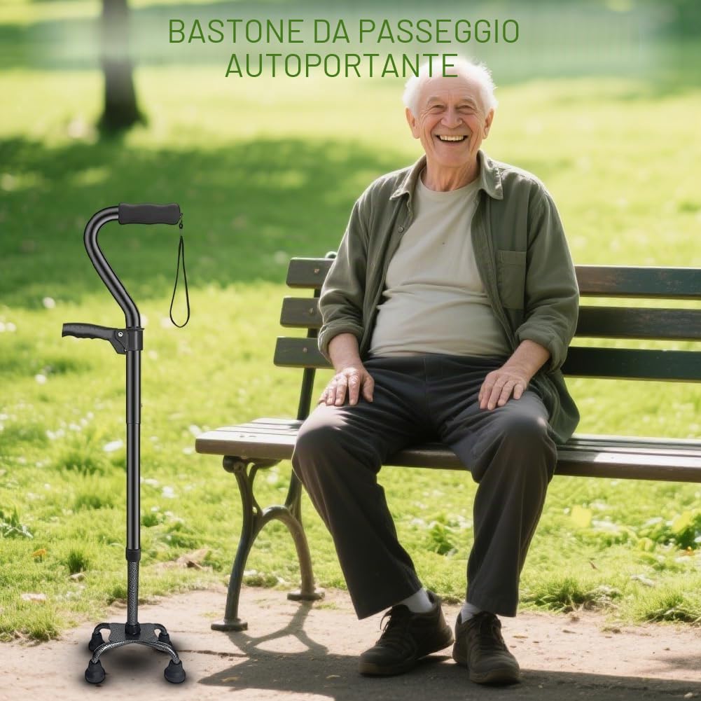 Camminatore per anziani, bastone da passeggio da donna e uomo con base a 4 punte, doppio manico regolabile, bastone da passeggio pieghevole, facile da stabile e ergonomico