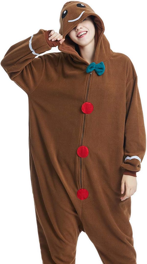 OGU' DEAL Unisex Gingerbread Onesie Pajamas Adult Cosplay Homewear Sleepwear Jumpsuit Costume Women Men Zip Up