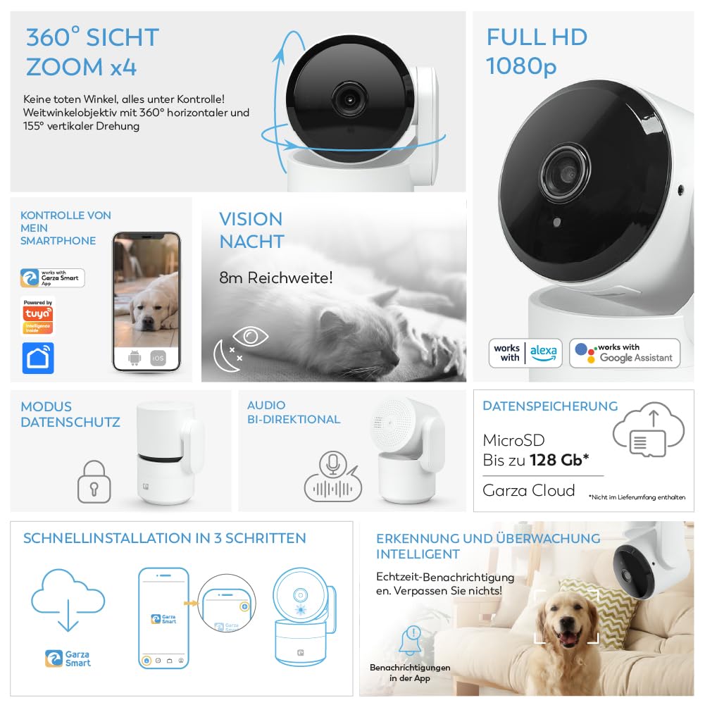 Garza - Kit Alarme Wi-FI 2,4 GHz avec caméra 1080p 360°, sirène 120 DB, capteurs de Mouvement et Ouverture Porte/fenêtre, contrôle Via app et Vocal