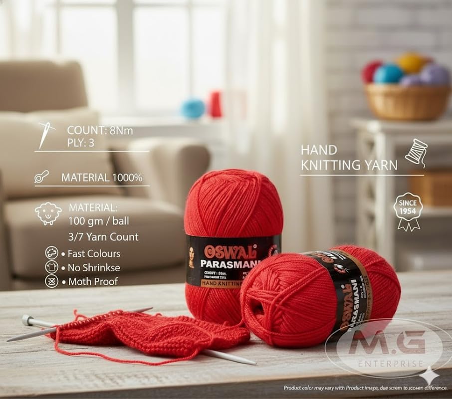 Image of M.G Enterprise Os wale 3 Ply Knitting Yarn Wool, Candy Red 600 gm Best Used with Knitting Needles, Crochet Needles Wool Yarn for Knitting. by M.G Enterprise Os wal Y