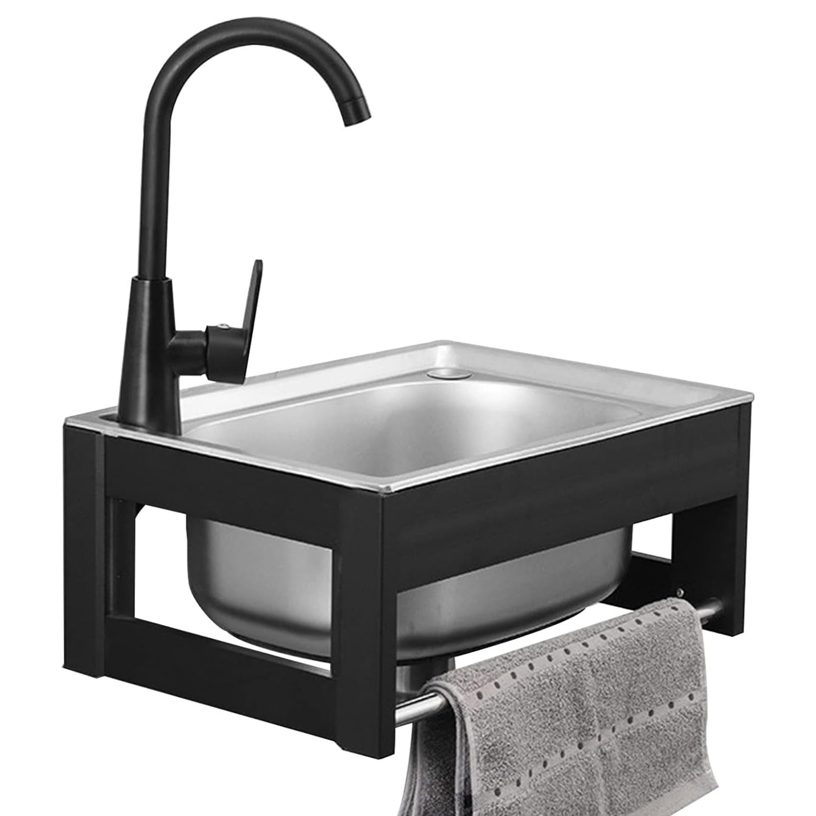 Freestanding Sink 304 Stainless Steel Sink Washing, Wall Mounted Sink Kitchen Sinks, Bar Sinks with Faucet and Pipe, Single Bowl Hand Wash Basin, for Laundry Utility Room Garage Basement (38×32cm)