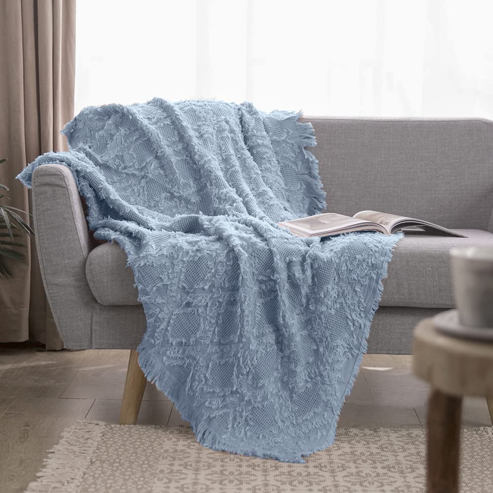 Manta de algodón azul polvoriento para cama y sofá de estilo boho para todas las estaciones
