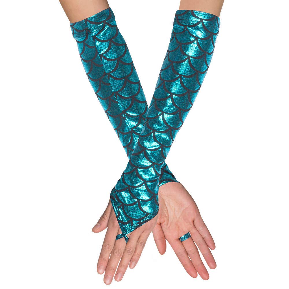 Boland Mermaid Elbow Gloves – Shiny Blue Glitter Scale Pattern Costume Gloves with Finger Loop – Fancy Dress Accessory for Mermaid Outfits, Carnival, Festivals and Themed Parties