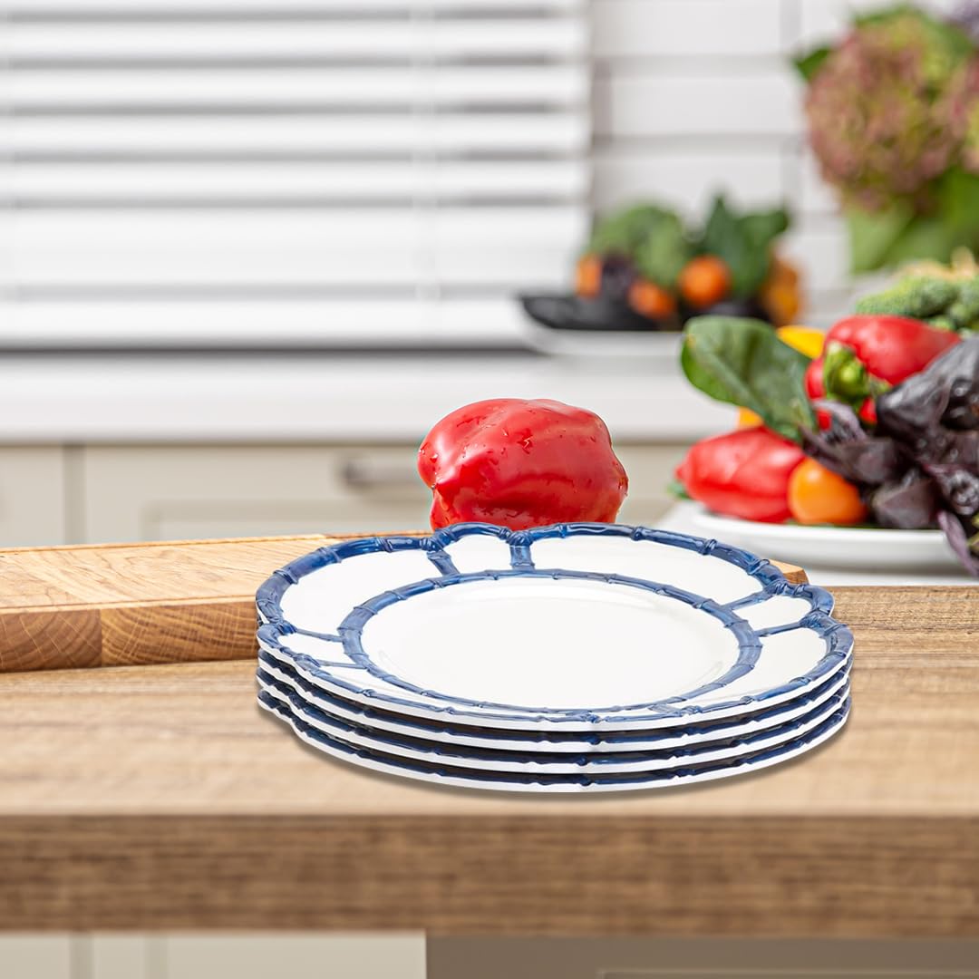 Two's Company Küchenutensilien-Set mit Bambusrand, langlebige Melamin-Teller mit elegantem blauem Rand, spülmaschinenfest, perfekt für Partys und Grillabende, 4 Stück