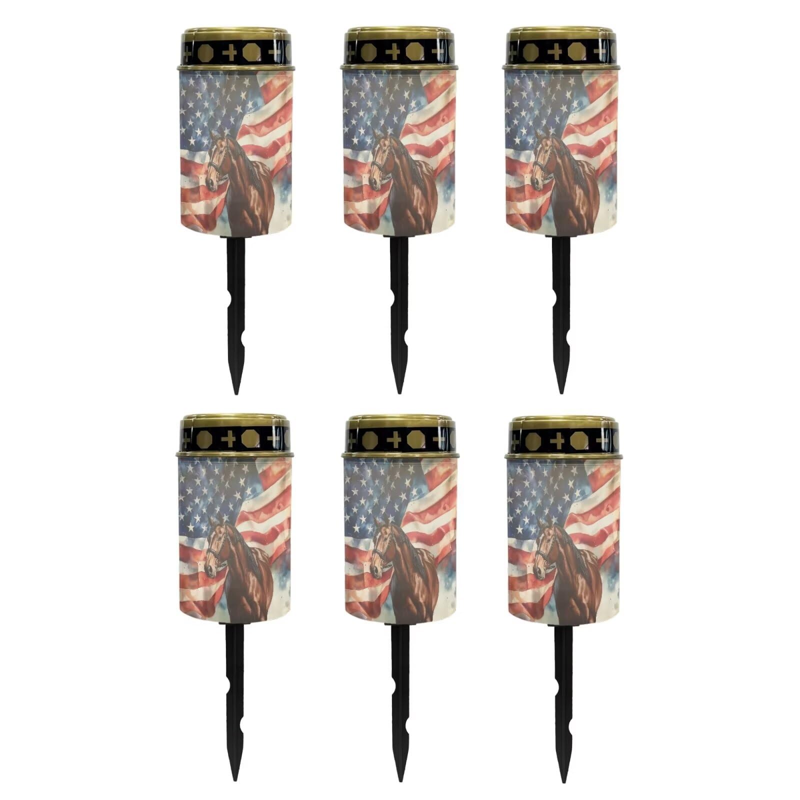 Poceacles 6 Pieces Solar Lights Outdoor Waterproof Grave Solar Lights for Cemetery LED Flameless Candle Cemetery Solar Candle Lights Pillar Candles Outdoor Decor, Brown Horse American Flag