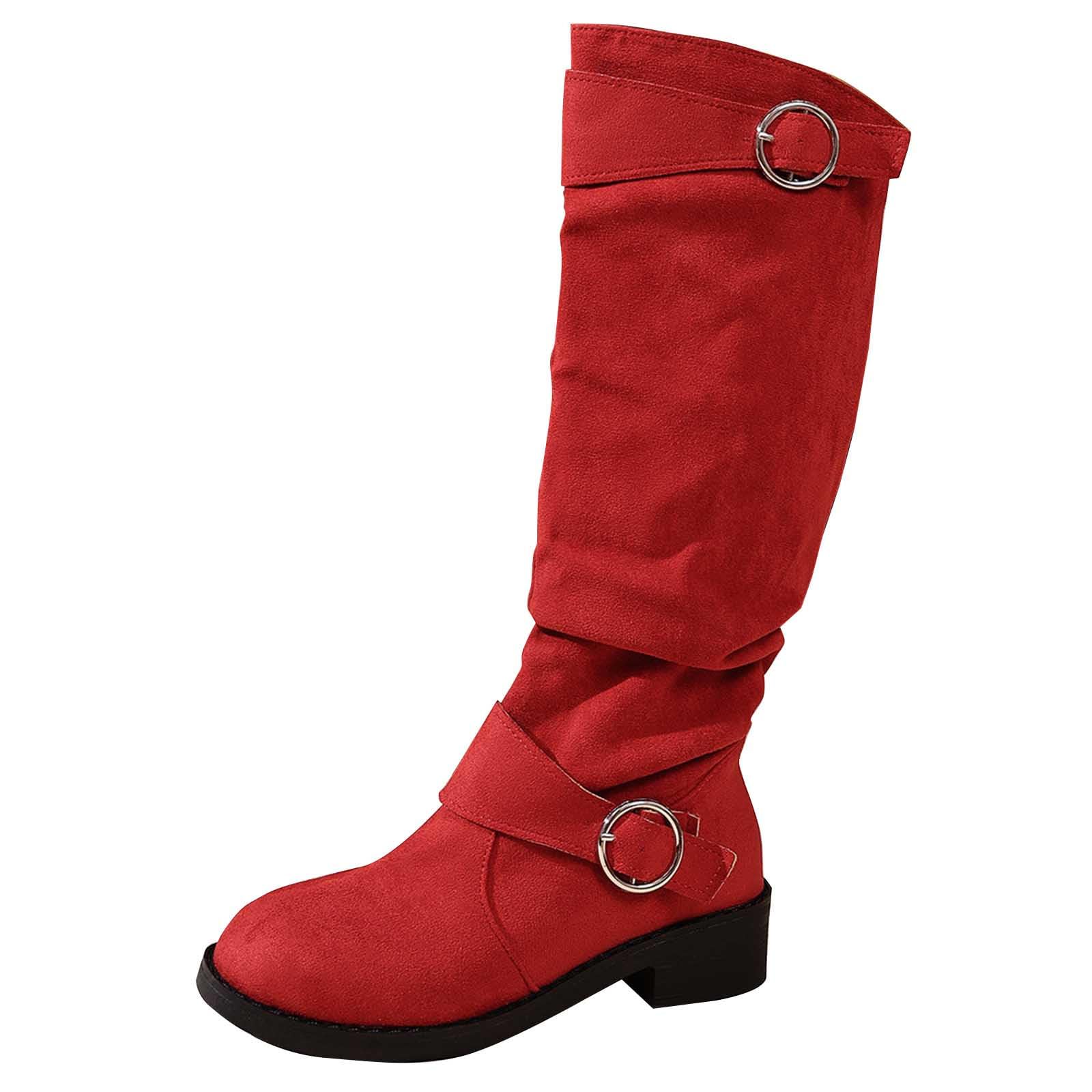 Women Suede Wide Calf Boots 2025 Fall Winter Knee High Boot Trendy Block Low Heel Western Bootie Belt