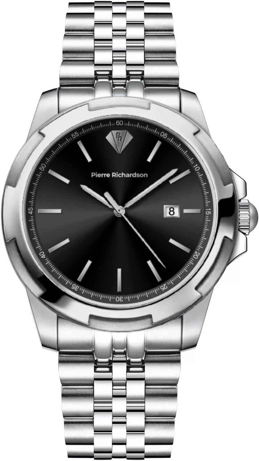 PIERRE RICHARDSON PR4311 Men’s Luxury Watch – Silver Stainless Steel Japanese Quartz Watch, 42mm, 5ATM Water Resistant, Scratch-Resistant Sapphire Crystal Glass, Reloj para Hombres