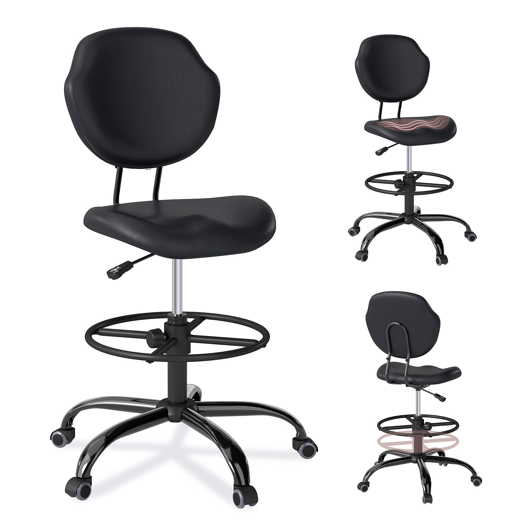 Drafting Chair with Back Support, Tall Desk Rolling Stool (Black, Set of 1)