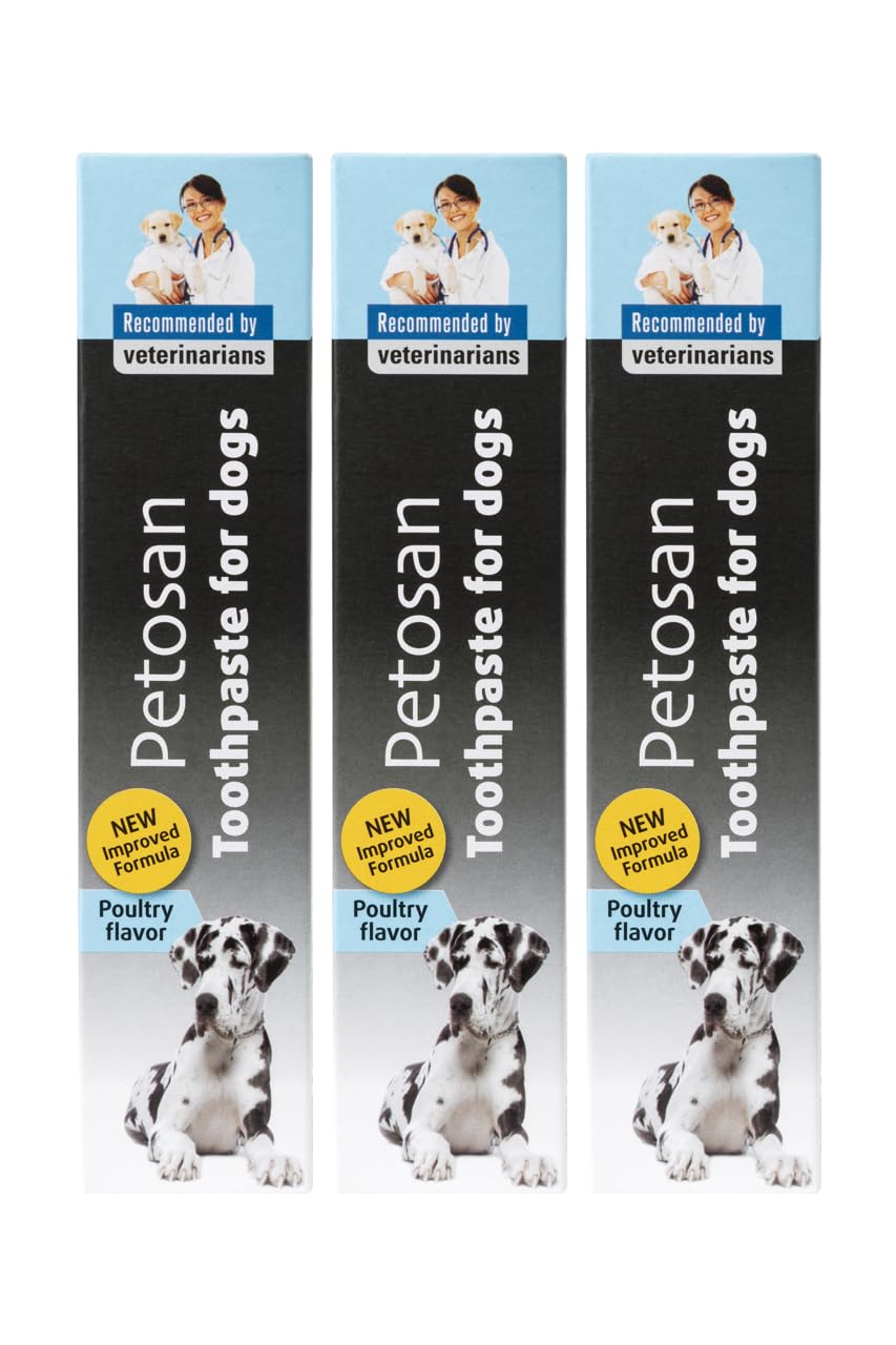 Petosan Pasta de dientes para perros, 3 unidades de 70 g, para el cuidado dental de mascotas, antisarro, control de placa, aprobada por veterinarios, aliento fresco e higiene bucal para todas las
