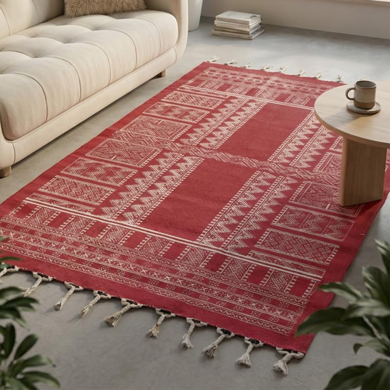 Image of Peepul Tree Jaipuri Hand Block Printed Cotton Rug 3x5 Feet, Maroon | Living Room Carpet | Bedroom Floor Durrie | Soft & Durable Area Rug for Home Decor