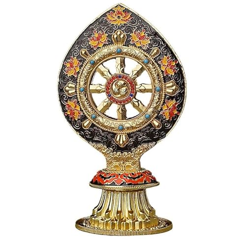zenmood Buddhist Wheel of Dharma Decorative Statue, Gold Alloy with Lotus Design, Traditional Religious Art