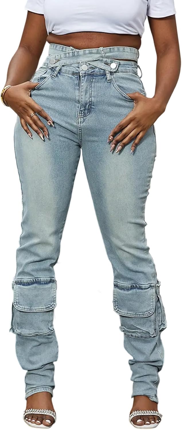 Women Sexy Skinny Stacked Jeans Butt Lifting Crossover High Waisted Stretch Cargo Jeans Y2k