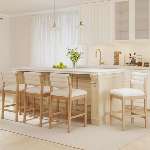 RIVOVA 26" Bar Stools Set of 4 Counter Height Bar Stools for Kitchen Counter, Modern Upholstered Barstools with Back and Wood Legs Linen Stools Farmhouse Island Chairs, Beige