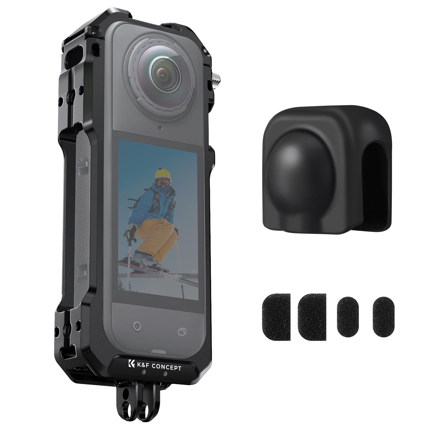 K&F CONCEPT Gabbia Standard per Fotocamera per Insta360 X5, Custodia in Alluminio con Copriobiettivo in Silicone, Foro per Vite 1/4", Telaio Protettivo con 2 Attacchi a Scarpa Fredda